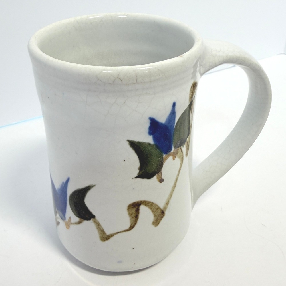 Crutchfield Studio Pottery Mug Hand Painted Floral Crackle Glaze Stoneware